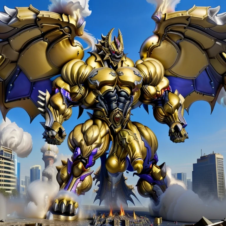 (situation 1 : ting Shiny_Mega_Lucario. Shiny_Mega_Lucario is over 1000 meters long. focus GIANT mechanical Muscular Shiny_Mega_Lucario is trampling the city. Looking down. macro. stomp. Low-angle perspective. emphasizing the immense size.)
(situation 2 :smoke and flames rising from the destruction in the city)
(Additional details 1: wearing a full-face helmet. golden armor. Armored Flazzard. Armored_Flazzard. high-tech bio-mecha armor. real texture material. whole body shines like metal. Wearing cyberpunk mecha. emphasizes the muscles. suit fully made of metal. intricate armor. Robotic suit. suit fully made of metal. cyborg. no face.).
(Additional details 2: (Detailed head. Detailed Body. Detailed abs. gigantic muscles. HYPER MUSCLES. Gigachad Muscular. big muscle. pecs. triceps. traps. unusually developed muscular body. body full of huge muscles. showing off muscles. pectorales enormes. Exaggeratedly huge muscles. huge muscles. long legs.).
(Additional details 3: Spread wings. It has wings. have big wings. The claws are sharp. Sharp teeth).
(Additional details 4: golden hyper penis.r golden penis. big )