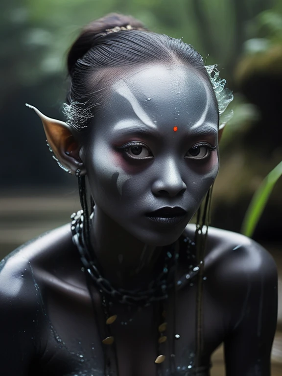 creates horrifying beings, of many colors and with bleeding pigmentation, which takes place in a river next to a forest with dense Sphalerite fog, all in 4k definition,full body length,opal girl,ogre ,pretty face,eyebrow up,full body shot,ominous Cleavelandite landscape,niobium gray atmosphere,by art Simon Stalenhag,Nicola Samori,(((Wangechi Mutu))),prime colors,urban,extremely detailed,masterpiece,intricate details,faded,eyes extremely detailed, high detailed eyes,4k resolution,RAW, Nikon Z9,scary village,hunter,goblin,Stone Forest in Yunnan Province of China,Zhangjiajie National Forest Park of China,Generate an image of a close up a creature with a spectral and ghostly appearance. Her skin is pale, almost translucent. His eyes shine with a bluish glow, and he wears dark, torn clothes that float around him, as if permeated by an aura of mourning. Its appearance is complemented by details such as chains, symbols of mourning, and gothic elements, further emphasizing its dark air. It is portrayed as a haunted and tormented entity.