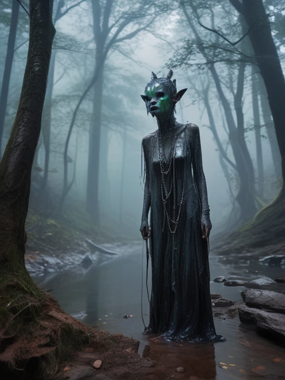 creates horrifying beings, of many colors and with bleeding pigmentation, which takes place in a river next to a forest with dense Sphalerite fog, all in 4k definition,full body length,opal girl,ogre ,pretty face,eyebrow up,full body shot,ominous Cleavelandite landscape,niobium gray atmosphere,by art Simon Stalenhag,Nicola Samori,(((Wangechi Mutu))),prime colors,urban,extremely detailed,masterpiece,intricate details,faded,eyes extremely detailed, high detailed eyes,4k resolution,RAW, Nikon Z9,scary village,hunter,goblin,Stone Forest in Yunnan Province of China,Zhangjiajie National Forest Park of China,Generate an image of a close up a creature with a spectral and ghostly appearance. Her skin is pale, almost translucent. His eyes shine with a bluish glow, and he wears dark, torn clothes that float around him, as if permeated by an aura of mourning. Its appearance is complemented by details such as chains, symbols of mourning, and gothic elements, further emphasizing its dark air. It is portrayed as a haunted and tormented entity.