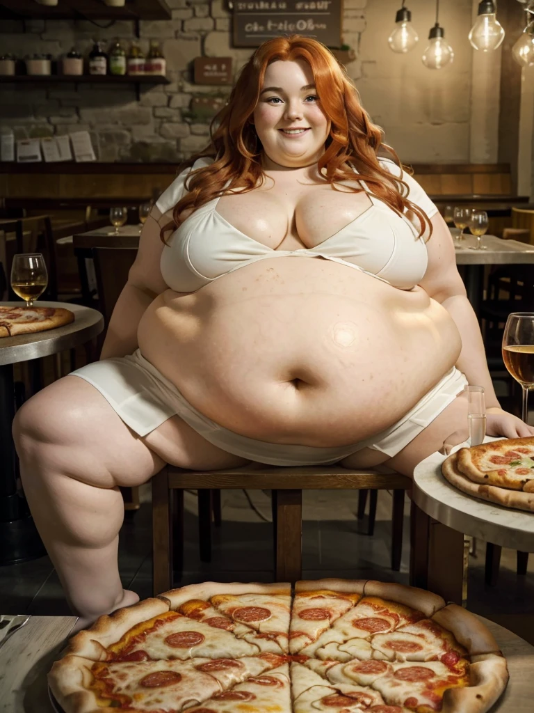 A happy and detailed photo of a cute ginger freckled SSBBW, with long wavy ginger hair, with big soft fat belly, small saggy breasts in a cute orange dress, sitting at a table in a beautiful authentic italian restaurant at night, there is a huge family-sized pizza ahead of her, she is sitting on a chair behind a small table and one huge pizza