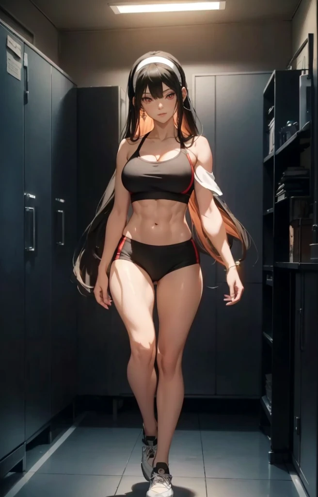 ((1girl, solo)), beautiful body, (perfect anatomy, perfect body, perfect hands, perfect legs), natural proportions, sexy body, large breasts, ((abs)), (((muscular female))), ((full body, full body front)) BREAK
((extremely detailed face)), (beautiful detailed eyes:1.6), (realistic pupils, realistic iris:1), expressive eyes, looking at viewer, (clear eyes:1.3), (hyperrealistic:1.2), (detailed skin texture:1.2), smooth skin, yor briar, (red eyes:1.5), (black hair:1.5), long hair, hairband, (white hairband:1.3), sidelocks, bangs, ((mature female)), ((little smile)), (detailed lips:1.2), (attractive lips:1.1), (glossy lips:1.1), (parted lips), perfect face, perfect eyes, earrings BREAK
((sports bra)), buruma, (ass visible through thighs), shoes, (black sportswear), black shorts, midriff BREAK
(masterpiece:1.5), anime-style, top quality, best quality, (beautiful and aesthetic:1.2), (ultra detail:1.5), Ultra-detailed depiction, Ultra-precise depiction, extremely detailed 8k illustration, high resolution, (highly detailed shading:1.2), (realistic lighting:1.4), perfect lighting, vibrant colors, dynamic tones, striking hues, 8k, absurd resolution, perfect shadows, hdr, UHD, ambient lighting, realistic, ultra-realistic, photo realistic, highly detailed, rich detail, luminous colors, fine texture, intricate design, professional illustration, (soft light:1.2), (illustration:0.7)