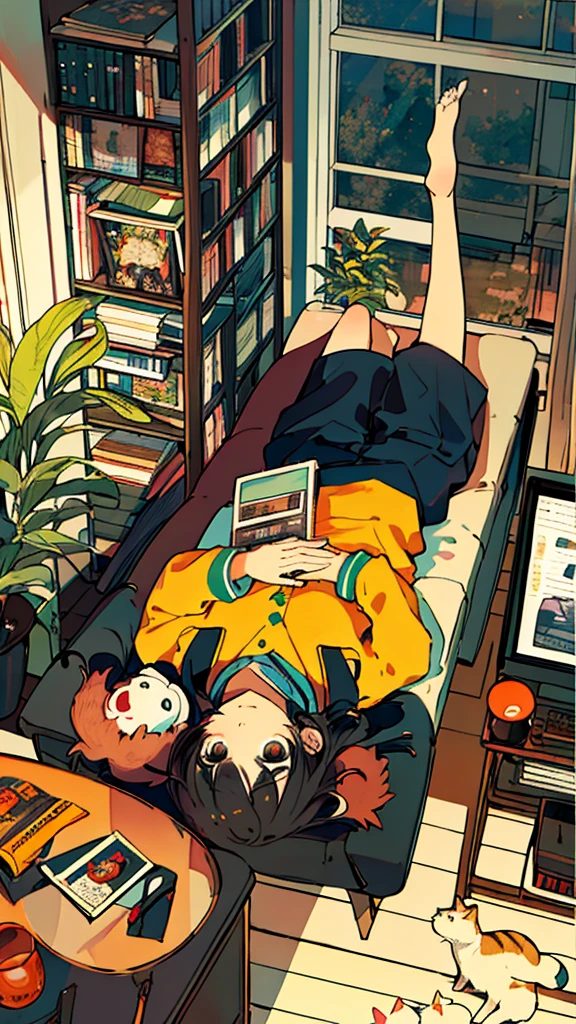 One girl, from above, plant, black hair, cat, lying down, indoors, holding, long sleeve, long hair, stuffed animal, potted plant, book, food, window, telephone, loaded interior, television, short hair, on the back, plush toy, bangs, slippers, barefoot, sitting, bookcase, shelf, cable, computer