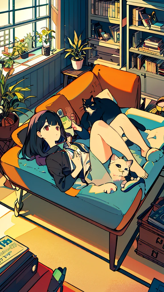 One girl, from above, plant, black hair, cat, lying down, indoors, holding, long sleeve, long hair, stuffed animal, potted plant, book, food, window, telephone, loaded interior, television, short hair, on the back, plush toy, bangs, slippers, barefoot, sitting, bookcase, shelf, cable, computer