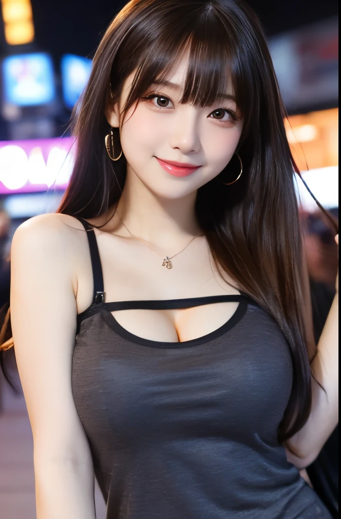 (masterpiece:1.2,Highest quality),Blur the background,1 female college student,((Cute casual clothes)),Large Breasts,((Gravure pose)),((Beautiful Eyes)),Blushed,Healthy Skin,(smile),(Date in Shinjuku),8K resolution