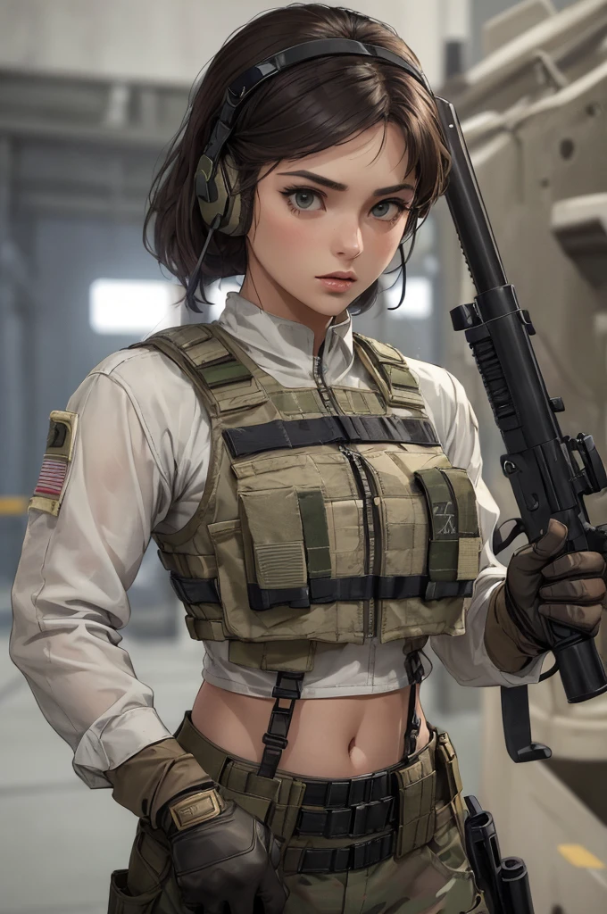 ((a woman in a white outfit holding a rifle and wearing headphones)), 24-year-old woman, Filipino woman, tan bronze skin, soldier girl, mechanized soldier girl, military girl, beautiful female soldier, female lead character, infantry girl, of a sniper girl in war, solo female character, future combat gear, close up half body shot, ((Women in crop top military bulletproof vest)), (showing navel), quiet from metal gear solid v, wearing tactical gear, dressed in tactical armor, (aiming rifle)