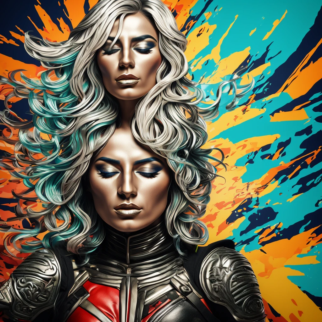 realistic CAUCASIC woman singer with closed eyes, metallic skin, psichedelic colors, Giorgia Meloni, FASCIST WOMAN