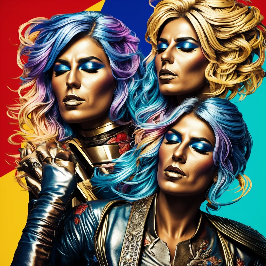 realistic CAUCASIC woman singer with closed eyes, metallic skin, psichedelic colors, Giorgia Meloni, FASCIST WOMAN