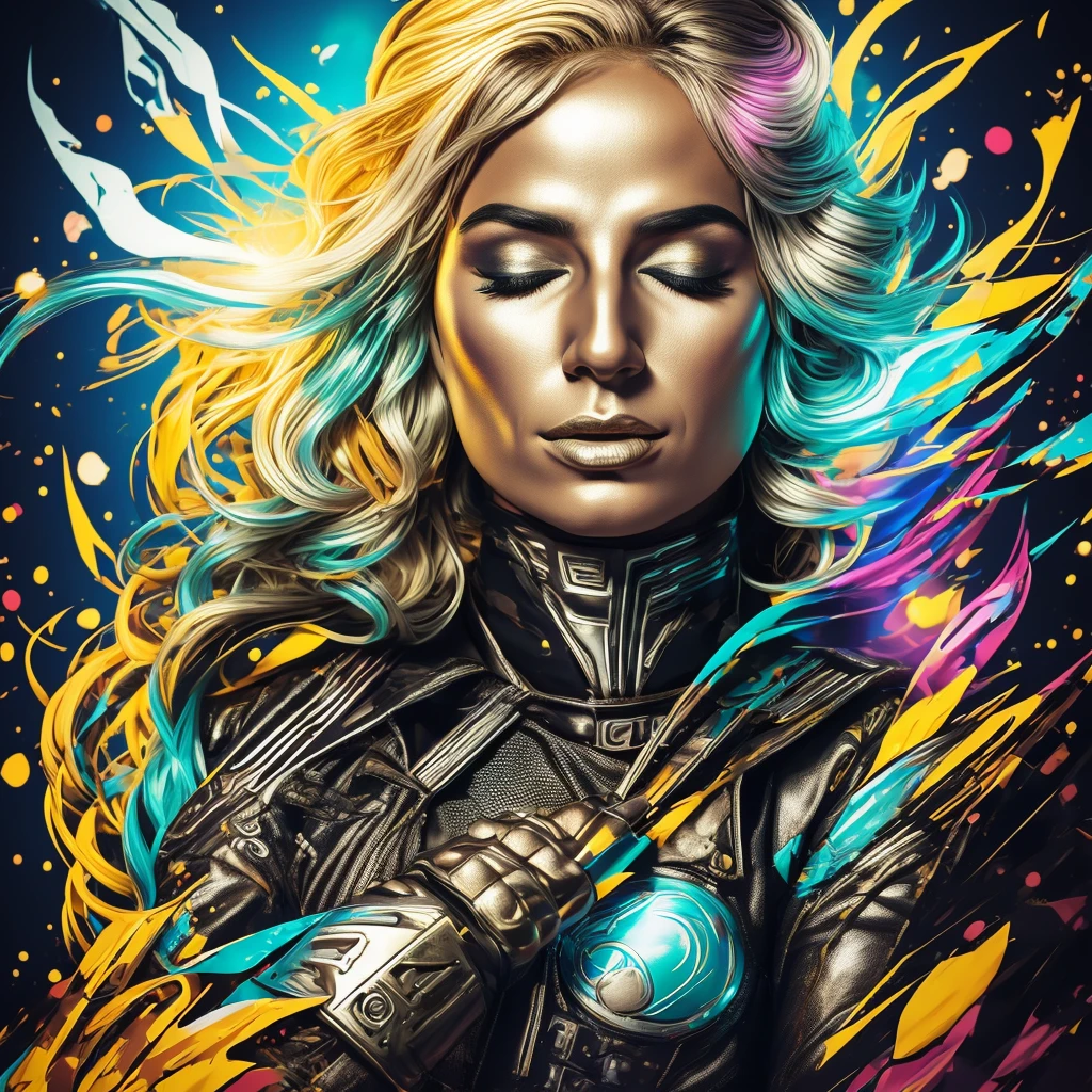 realistic CAUCASIC woman singer with closed eyes, metallic skin, psichedelic colors, Giorgia Meloni, FASCIST WOMAN 
