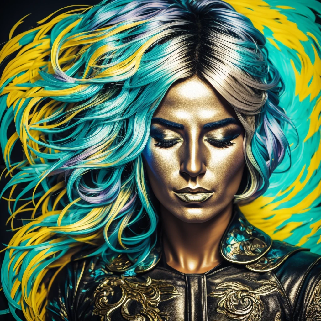 realistic CAUCASIC woman singer with closed eyes, metallic skin, psichedelic colors, Giorgia Meloni, FASCIST WOMAN