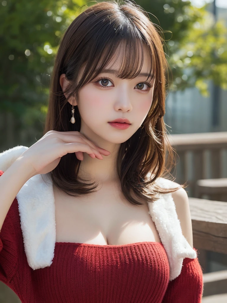 masutepiece, Best Quality, Illustration, Ultra-detailed, finedetail, hight resolution, 8K Wallpaper, Perfect dynamic composition, Beautiful detailed eyes, Natural lips, Red knitted dress , Big breasts, cleavage