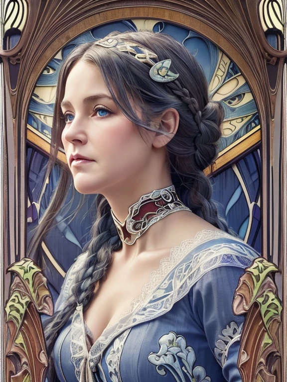masterpiece, Highest quality, Very detailed, 16K, Ultra-high resolution, Cowboy Shot, (art nouveau:1.4), 65-year-old old woman, Detailed face, blue eyes, Gray Hair, Braiding, Red dress