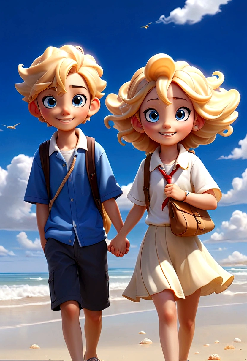 blue sky、White cloud、Good weather、sunny、sun、Ocean辺、Sandy Beach、Ocean、Wave、shell、High school boy、High school girl、Holding hands、looks fun、laughing、Walking、stroll、youth