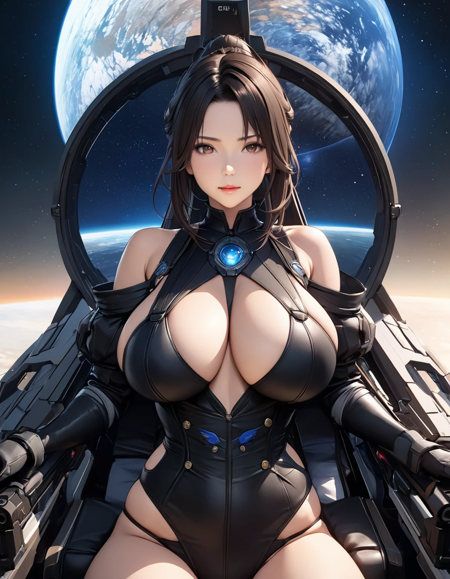 Beautiful mature woman,(High resolution,8k wallpaper,masterpiece,Highest quality,Depth of region,Anatomically accurate depiction),((女性universe飛行士:1.5)),(universe服),(Large Breasts,),background:universe,(爆発するuniverse船,ビームを打つuniverse船,laser,universe艦隊),cockpit,(((universe戦争)))