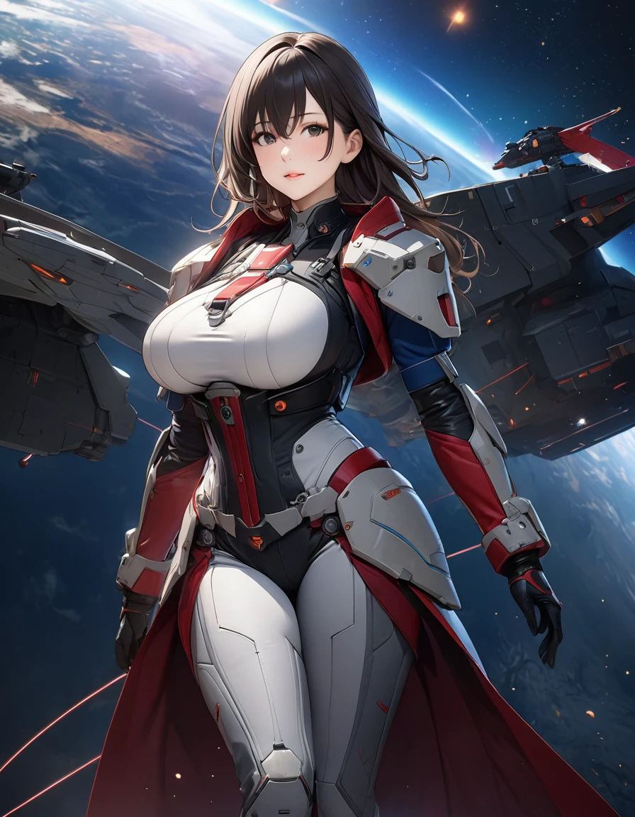 Beautiful mature woman,(High resolution,8k wallpaper,masterpiece,Highest quality,Depth of region,Anatomically accurate depiction),((女性universe飛行士:1.5)),(universe服),(Purple eyes,Large Breasts,),background:universe,(爆発するuniverse船,ビームを打つuniverse船,laser,universe艦隊),cockpit,(((universe戦争)))