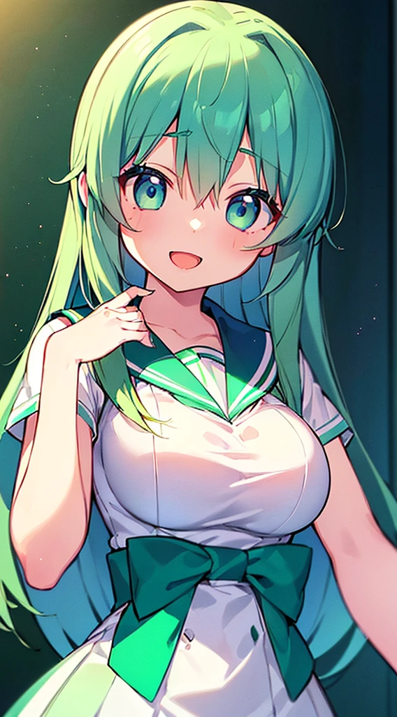 ((Pretty High School girl with green hair and blue eyes:1.2))、((wearing Sailor suit))、 face、((master piece、top-quality、ultra-definition、high resolution))、anime girl、((ultra-detailed illust:1.2))、1girl、bangs、hair between eye、beautiful hair、Beautiful eyeedium breasts、Big smile、opened mouth、in the classroom