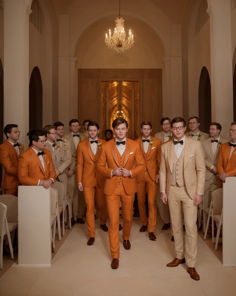 Group of rich and smart boys group of 20 boys  in orange tuxedos for a wedding , ultra realistic 