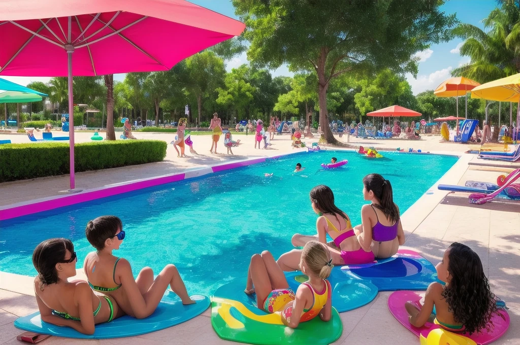 Italy waterpark. Create a highly realistic scene at a bustling water park in Italy featuring a -yeld Itan girl surrounded by younger children, all sunbathing on a large beach towel. The group is lying on the towel, enjoying the warm sunlight.

    The 13-year-o giposited in the center, has shoulder-length brown hair, which is slightly wet from swimming, and wears a colorful bikini top and matching shorts. She lies on her back with her eyes closed, smiling softly as she soaks up the sun. Her relaxed and confident posture highlights her sense of ease and enjoyment.
    Around her are several younger children, aged between 5 and 10, each wearing vrant swimwear: the boys in colorful swim trunks and the girls in bikini tops and swim shorts. They are lying on the towel in various positions—some on their backs, some on their stomachs, and others propped up on their elbows—chatting and laughing among themselves. Their expressions are joyful and carefree, reflecting their enjoyment of the sunny day.

The large beach towel they share is bright and patterned, spread out on a grassy area beside the water park’s pool. Scattered around are a few personal items such as sunglasses, water bottles, and a couple of inflatables.

In the background, the water park's exciting features are visible, including tall, twisting water slides, splash pads, and colorful play structures. The scene is bathed in bright sunlight, with the clear blue sky adding to the vibrant atmosphere. Other visitors can be seen in the distance, enjoying the various attractions.

This scene captures the lively and relaxed moment as the teenage girl and the children bask in the sun, surrounded by the energetic and fun-filled environment of the water park, with the slides and pools providing a dynamic and playful backdrop