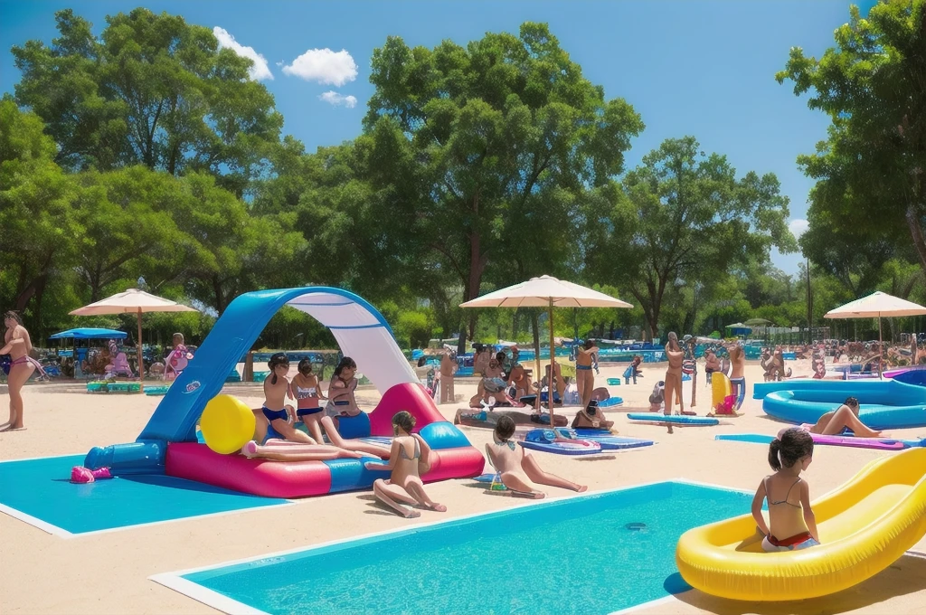 Italy waterpark. Create a highly realistic scene at a bustling water park in Italy featuring a 13-year-old Italian girl surrounded by younger children, all sunbathing on a large beach towel. The group is lying on the towel, enjoying the warm sunlight.
The 13-year-old girl, positioned in the center, has shoulder-length brown hair, which is slightly wet from swimming, and wears a colorful bikini top and matching shorts. She lies on her back with her eyes closed, smiling softly as she soaks up the sun. Her relaxed and confident posture highlights her sense of ease and enjoyment.
Around her are several younger children, aged between 5 and 10, each wearing vibrant swimwear: the boys in colorful swim trunks and the girls in bikini tops and swim shorts. They are lying on the towel in various positions—some on their backs, some on their stomachs, and others propped up on their elbows—chatting and laughing among themselves. Their expressions are joyful and carefree, reflecting their enjoyment of the sunny day.
The large beach towel they share is bright and patterned, spread out on a grassy area beside the water park’s pool. Scattered around are a few personal items such as sunglasses, water bottles, and a couple of inflatables.
In the background, the water park's exciting features are visible, including tall, twisting water slides, splash pads, and colorful play structures. The scene is bathed in bright sunlight, with the clear blue sky adding to the vibrant atmosphere. Other visitors can be seen in the distance, enjoying the various attractions.
This scene captures the lively and relaxed moment as the teenage girl and the children bask in the sun, surrounded by the energetic and fun-filled environment of the water park, with the slides and pools providing a dynamic and playful backdrop