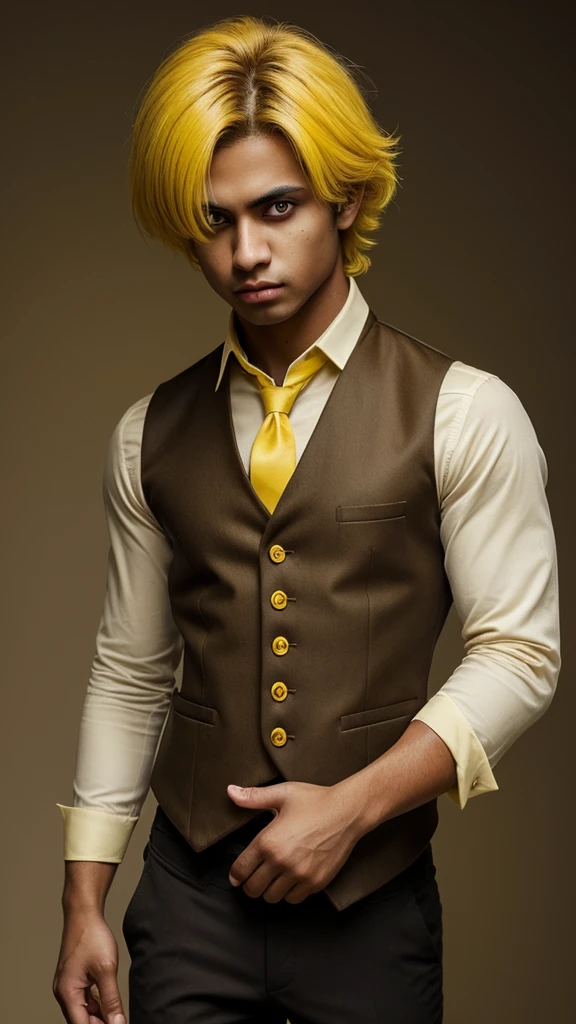 fair brown-skinned, shorth hair, shirt Yellow, eyes black, fully body, male focus, waistcoat, yellow hair,