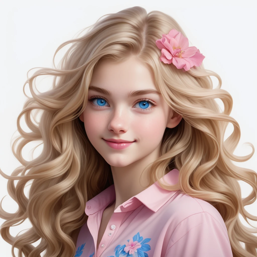 beautiful teenage girl, smirk, long hair, wavy and blonde hair, blue eyes, wearing a pink shirt, faint smile, white background, masterpiece, intricate detail, 4k resolution, ultra hd