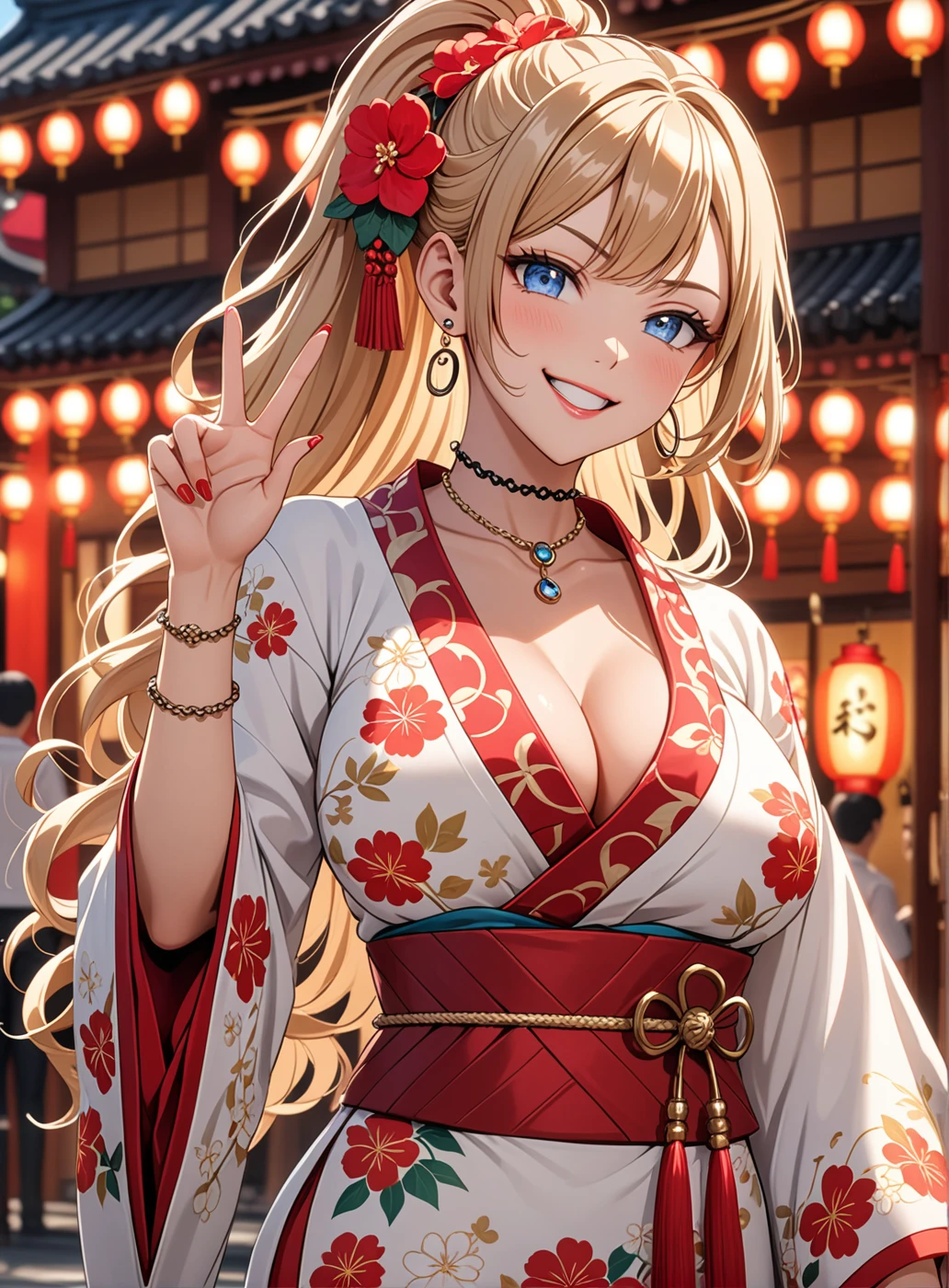 ((One personの女性)), Beautiful Face, (Laughing embarrassedly), ((smirk:1.3)), ((Wink:1.9)), (head tilt:1.3), Laugh with your mouth wide open, (upper teeth), looking at viewer, ((Bright red cheeks:1.6)),Glossy Red Lips, ((Big Breasts:1.4)) night, Shrine festival stalls, , (Shining Face), ((Anime style background)),masterpiece, Highest quality, so beautiful,up to date, Complex details, (Pink long nails), (nail art), (ring),(bracelet), (ring helix piercing:1.7), (Floral choker),AI-generated, Complex,High resolution, Highest quality, super high quality,3D Images、3D Images,One person,Blonde long hair,(High Ponytail), (wavy hair), Anime woman posing for a photo, ((Fine grain、blue eyes、Shining Eyes:1.4)), (Squint your eyes:1.1),a hyperRealistic , hyperRealistic , Realistic,Long and blonde anime woman, Smooth anime CG art, Pink large floral patternの刺繍が入った、Woman in luxurious kimono, ((White long sleeve kimono)),(Pink large floral pattern) ,Long flower hair ornament,Earrings,Mature Body, Tall,Abdominal muscles,Tight waist, ((making a peace sign)),(face focus:1.3), (front view),