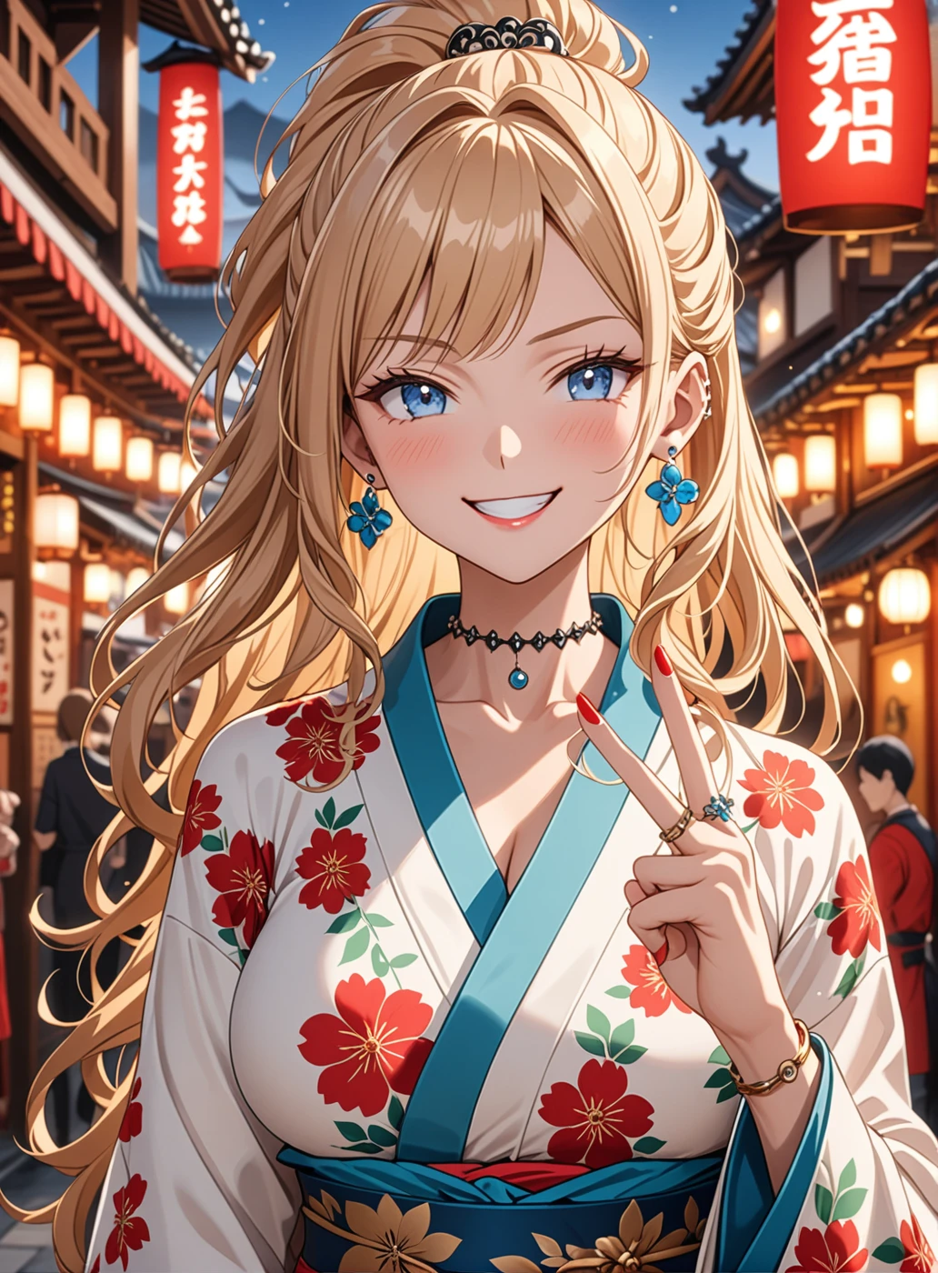 ((One personの女性)), Beautiful Face, (Laughing embarrassedly), ((smirk:1.3)), ((Wink:1.9)), (head tilt:1.3), Laugh with your mouth wide open, (upper teeth), looking at viewer, ((Bright red cheeks:1.6)),Glossy Red Lips, ((Big Breasts:1.4)) night, Shrine festival stalls, , (Shining Face), ((Anime style background)),masterpiece, Highest quality, so beautiful,up to date, Complex details, (Pink long nails), (nail art), (ring),(bracelet), (ring helix piercing:1.7), (Floral choker),AI-generated, Complex,High resolution, Highest quality, super high quality,3D Images、3D Images,One person,Blonde long hair,(High Ponytail), (wavy hair), Anime woman posing for a photo, ((Fine grain、blue eyes、Shining Eyes:1.4)), (Squint your eyes:1.1),a hyperRealistic , hyperRealistic , Realistic,Long and blonde anime woman, Smooth anime CG art, Pink large floral patternの刺繍が入った、Woman in luxurious kimono, ((White long sleeve kimono)),(Pink large floral pattern) ,Long flower hair ornament,Earrings,Mature Body, Tall,Abdominal muscles,Tight waist, ((making a peace sign)),(face focus:1.3), (front view),