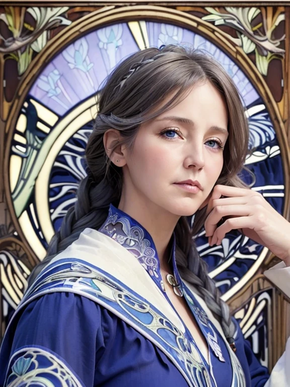 masterpiece, Highest quality, Very detailed, 16K, Ultra-high resolution, Cowboy Shot, (art nouveau:1.4), 65-year-old old woman, Detailed face, blue eyes, Gray Hair, Braiding, Red dress