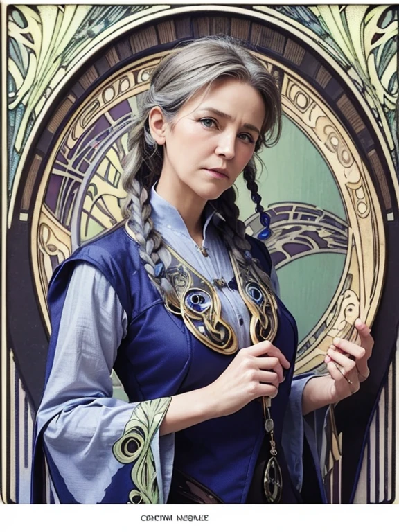 masterpiece, Highest quality, Very detailed, 16K, Ultra-high resolution, Cowboy Shot, (art nouveau:1.4), 65-year-old old woman, Detailed face, blue eyes, Gray Hair, Braiding, Red dress
