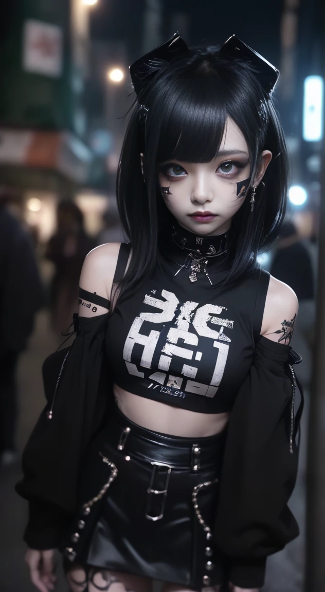 Cinema Lighting、(Key Light:Front 45 degree angle, Subsidy light、Backlight、Shadow、Blue and orange color palette), Accurate human body、Someone knowledgeable、Correct five-finger、RAW Photos、4K - ultra-vivid、Highest quality, masterpiece, Ultra-high resolution, (reality: 1.4),
(((Oilskin,Glowing Skin、Realistic skin texture、Beautiful skin in every detail、Shiny skin、Shiny skin)))、
Beautiful young, 19-year-old girl, 魅力的なgirl, クールなgirl、girl、mini skirt、Black Mask、((赤いHeavy makeup))、((Small breasts)) 、 1 girl, Purple eyes, Off the shoulderのセーター, Cinema Lighting、purple and black hair、(Mine girl、Goth Makeup、My Makeup)、(Earrings、Small breasts、tattoo、Off the shoulder、Oversized black t-shirt、ダークmini skirt)、((Heavy makeup、Oilskin、Glowing Skin、Realistic skin texture、Fine and beautiful skin、Shiny skin)), Dark downtown at night、Kabukicho、Dark Cyberpunk、(Full Shot:1.8)、Thin legs、Thin arms、Narrow shoulders、Narrow waist、Slender body、Small breasts、whole body