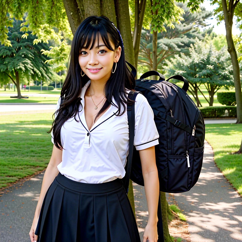 ((best quality)), ((masterpiece)), (details), one girl, sexy ((best quality)), ((masterpiece)), (details), one girl, sexy ((best quality)), ((masterpiece)), (details), one girl, full body, sexy expensive body, expensive, long legs, mature woman, mature, adult, it_nagatoro_main, Nagatoro Hayase, one girl, blushing, alone, uniform polo shirt, black hair, bag, brown eyes, hair accessory, looking at viewer, hair clip, outdoors, backpack, smiling, long hair, dark skinned woman, dark skin, , bangs, daytime, skirt, collared shirt, collarbone, ear clip, mouth closed, tree, asymmetrical bangs, upper body