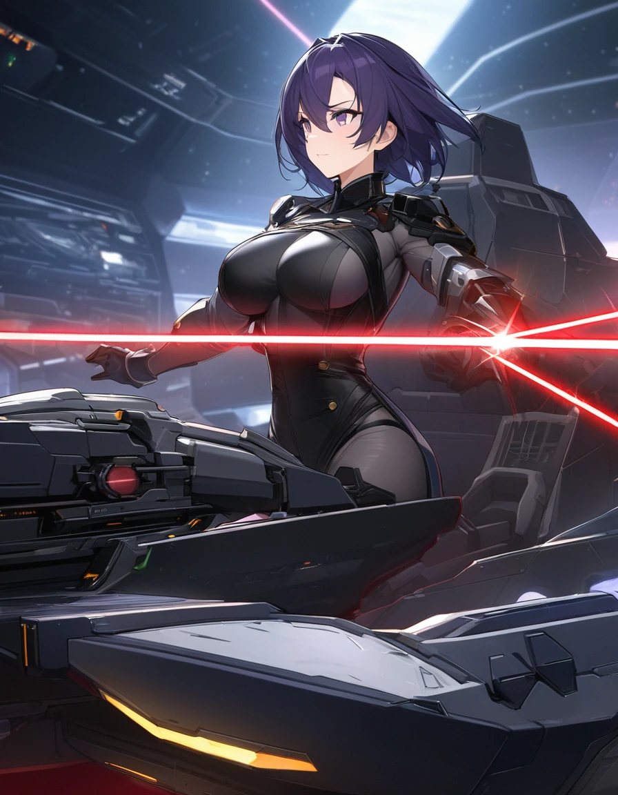 Beautiful mature woman,(High resolution,8k wallpaper,masterpiece,Highest quality,Depth of region,Anatomically accurate depiction),((女性universe飛行士:1.5)),(universe服),(Purple eyes,Large Breasts,),background:universe,(爆発するuniverse船,ビームを打つuniverse船,laser,universe艦隊),cockpit,(((universe戦争)))
