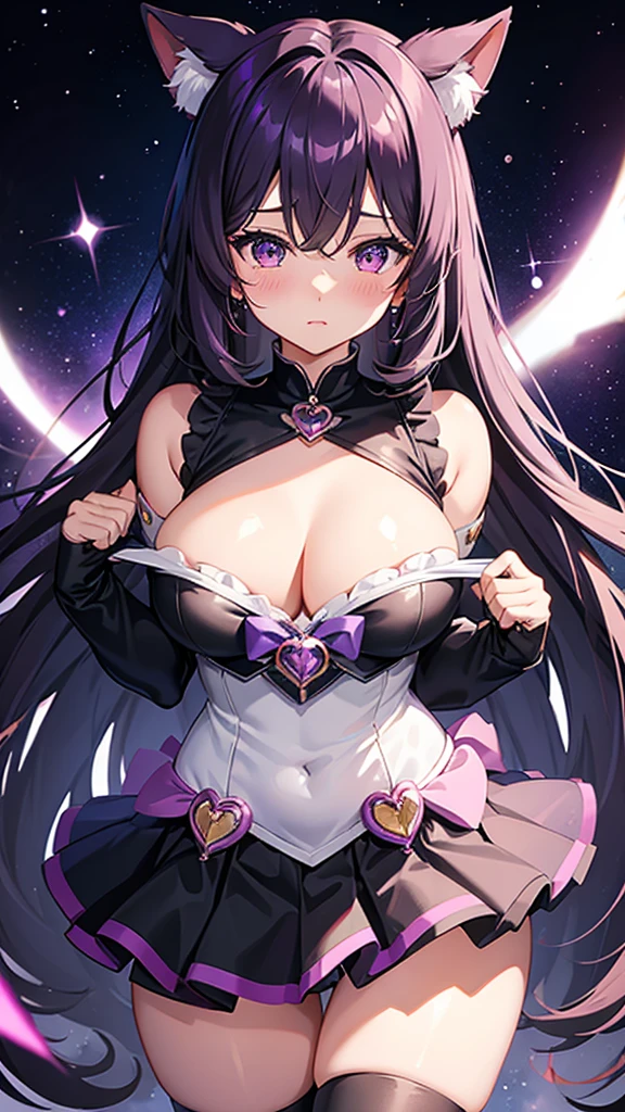Magical girl Black costume mini skirt Purple long hair Great style Large breasts blush Embarrassed universe space