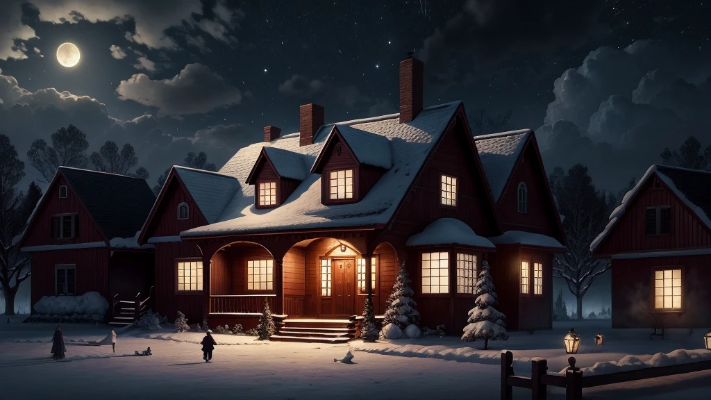 CREATE A NIGHT SCENARIO, WITH SEVERAL ANGELS PROTECTING A HOUSE.
