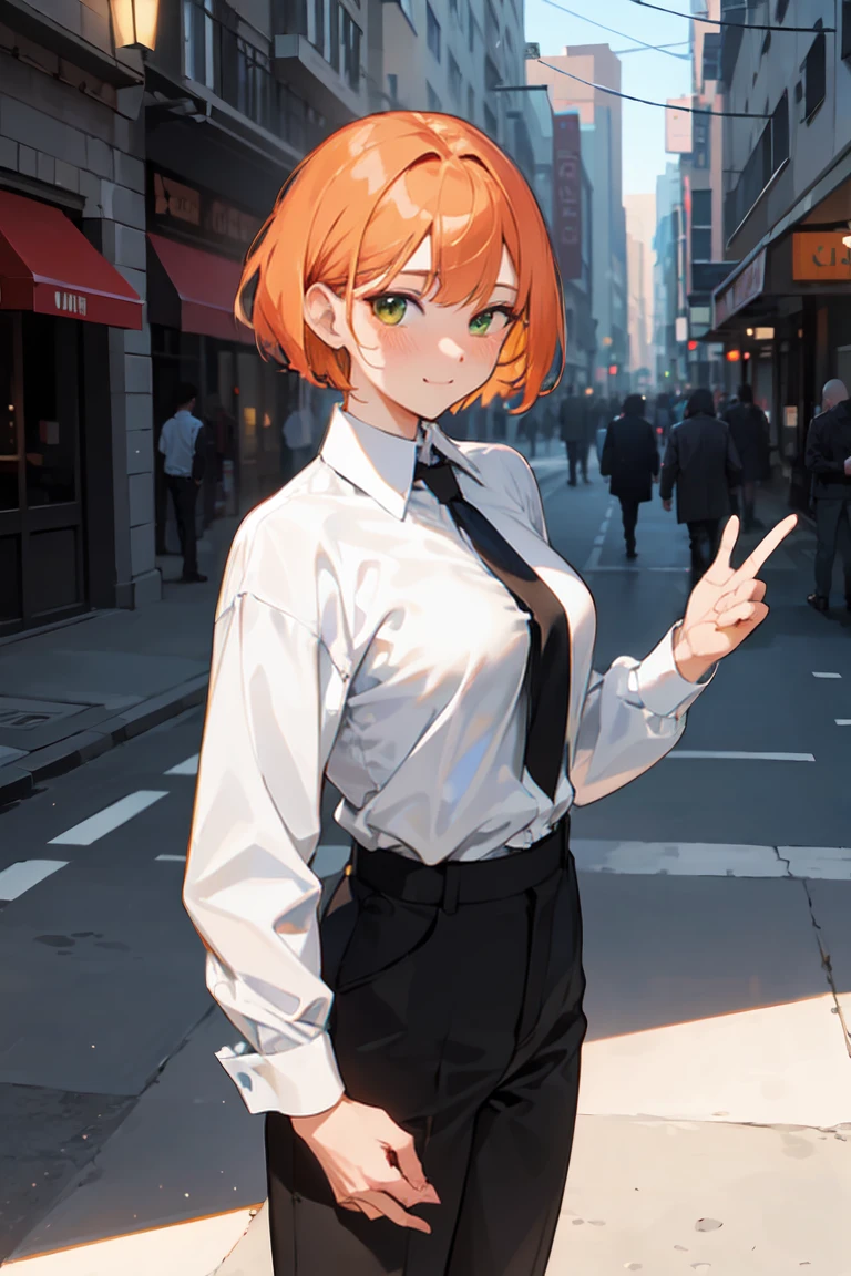 masterpiece, best quality, highly detailed background, perfect lighting, best quality, (extremely detailed face), volumetric lighting, intricate details, shadow, tonemapping, sharp focus, hyper detailed, trending on Artstation, (solo)
BREAK
(Blush, orange hair, green eyes, 25 years old, short hair, medium build, medium breasts ), (hands)
BREAK
((White shirt, long sleeve shirt, black pants, black tie))
BREAK
(city street )
BREAK
(Standing, facing_viewer,looking_at_viewer, light smile, closed mouth)