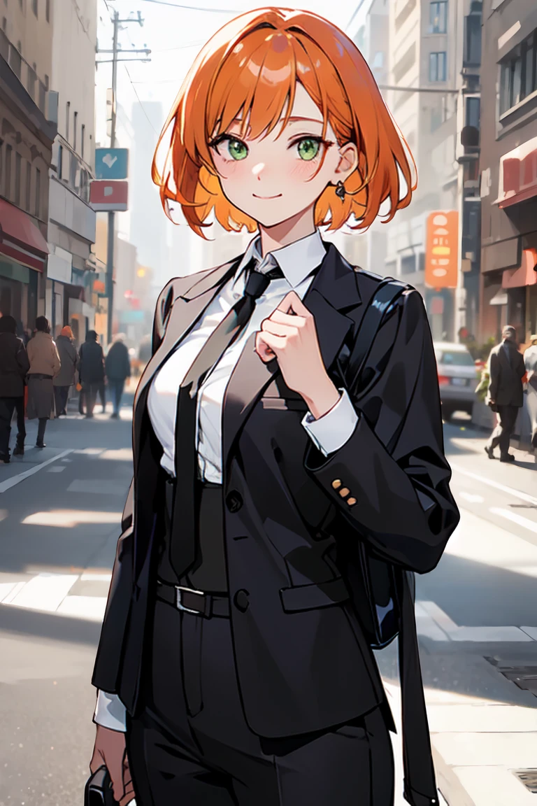 masterpiece, best quality, highly detailed background, perfect lighting, best quality, (extremely detailed face), volumetric lighting, intricate details, shadow, tonemapping, sharp focus, hyper detailed, trending on Artstation, (solo)
BREAK
(Blush, orange hair, green eyes, 25 years old, short hair, medium build, medium breasts ), (hands)
BREAK
((White shirt, long sleeve shirt, black pants, black tie))
BREAK
(city street )
BREAK
(Standing, facing_viewer,looking_at_viewer, light smile, closed mouth)