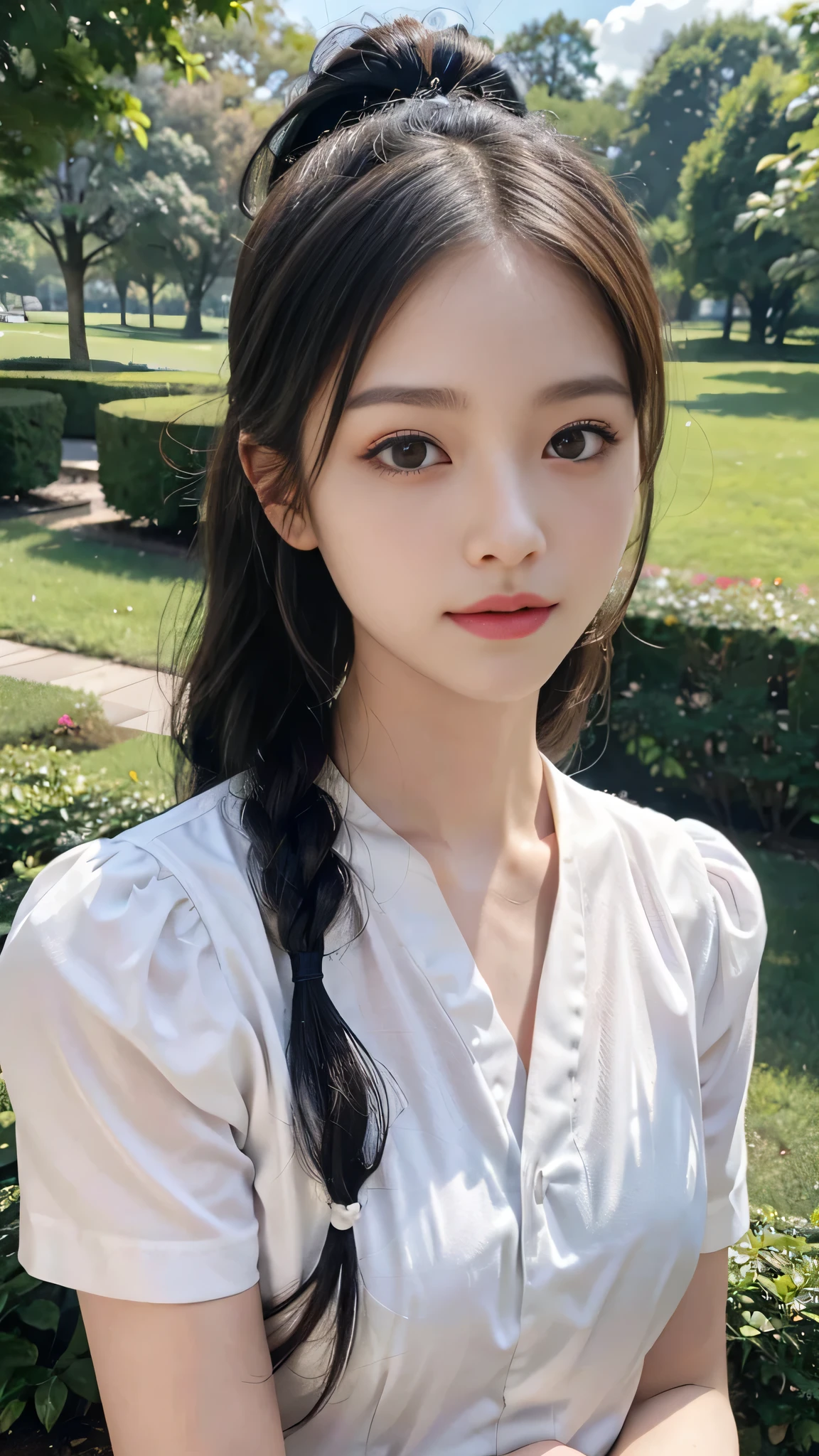 collared dress,European park,On the lawn,Close up face,One woman,masutepiece, The highest image quality, High quality, the background is clear,Beautiful woman, Japanese,Ultra-detailed, finely detail, hight resolution, 8K Wallpaper, Perfect dynamic composition, Beautiful detailed eyes , Detailed, Detailed eyes, Detailed skin, Beautiful skin, 超hight resolution, (reality: 1.4),Very beautiful woman, Slightly younger face, Beautiful skin, slender, (Ultra photo realsisim), (hight resolution), (8K), (Very detailed) (beautifully detailed eyes), (super detailed), (Detailed face), view the viewer, Fine details, Detailed face, Staring straight ahead, Staring straight ahead, photos realistic, Bright lighting, Professional Lighting, Black hair,poneyTail,a baby face,sixteen years old,Hairstyle: ponytail,Long ponytail hairstyle,slight smile,neat and tidy clothing,Beautiful Japanese KPOP idol photo, hair style is ponytail, my eyes are double and wide, baby face, smile and look straight ahead, slender, small breasts,Close up face,