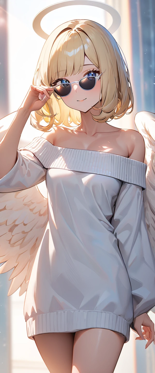 (((One girl))), (((cowboy shot))), ((flying)), ((sunglasses, hand to sunglasses)), ((angel, big big white wings:1.2, halo:1.3)), Uriel, ((wavy hair, outward curled hair)), evening, Sunset, ((blond hair, bob cut:1.3)), breasts, teenager, (looking at viewer), oversized clothes, puffy long sleeves, collarbone, ((off-shoulder sweater dress:1.3, Quite thick shoulder straps)), (((sleeves past wrists:1.3))), ((white sweater)), collarbone, head tilt:1.3, (((blue eye))), ((happy smile)), (((anime style))), (best quality, 4K, 8K, highres, masterpiece:1.2, ultra-detailed, ultra-detailed eyes, HDR, uhd, studio lighting, ultra-fine painting, sharp focus, physically-based rendering, extreme detail description, professional, vivid colors, bokeh), ((Highest quality, Best image quality, Ultra-high resolution, Ultra-high resolution, solo, Strong eye highlights)), Depth of written boundary, Natural soft light, attractive, Beautiful Face, Cleanliness, Pure Face, medium chest, Beautiful Face, Perfect Fingers, Perfect hands, Perfect body, Perfect Face, Shine a light into your eyes, Perfect Anatomy