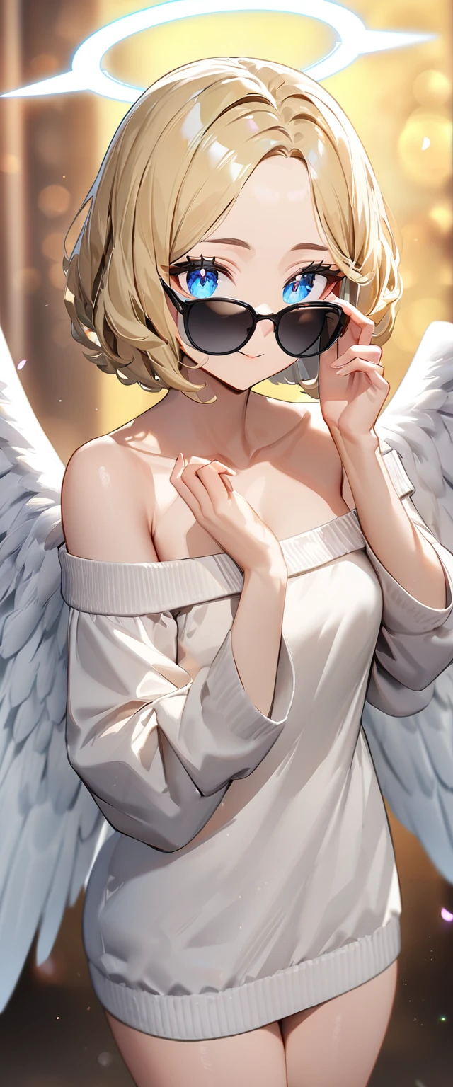 (((One girl))), (((cowboy shot))), ((flying)), ((sunglasses, hand to sunglasses)), ((angel, big big white wings:1.2, halo:1.3)), Uriel, ((wavy hair, outward curled hair)), evening, Sunset, ((blond hair, bob cut:1.3)), breasts, teenager, (looking at viewer), oversized clothes, puffy long sleeves, collarbone, ((off-shoulder sweater dress:1.3, Quite thick shoulder straps)), (((sleeves past wrists:1.3))), ((white sweater)), collarbone, head tilt:1.3, (((blue eye))), ((happy smile)), (((anime style))), (best quality, 4K, 8K, highres, masterpiece:1.2, ultra-detailed, ultra-detailed eyes, HDR, uhd, studio lighting, ultra-fine painting, sharp focus, physically-based rendering, extreme detail description, professional, vivid colors, bokeh), ((Highest quality, Best image quality, Ultra-high resolution, Ultra-high resolution, solo, Strong eye highlights)), Depth of written boundary, Natural soft light, attractive, Beautiful Face, Cleanliness, Pure Face, medium chest, Beautiful Face, Perfect Fingers, Perfect hands, Perfect body, Perfect Face, Shine a light into your eyes, Perfect Anatomy