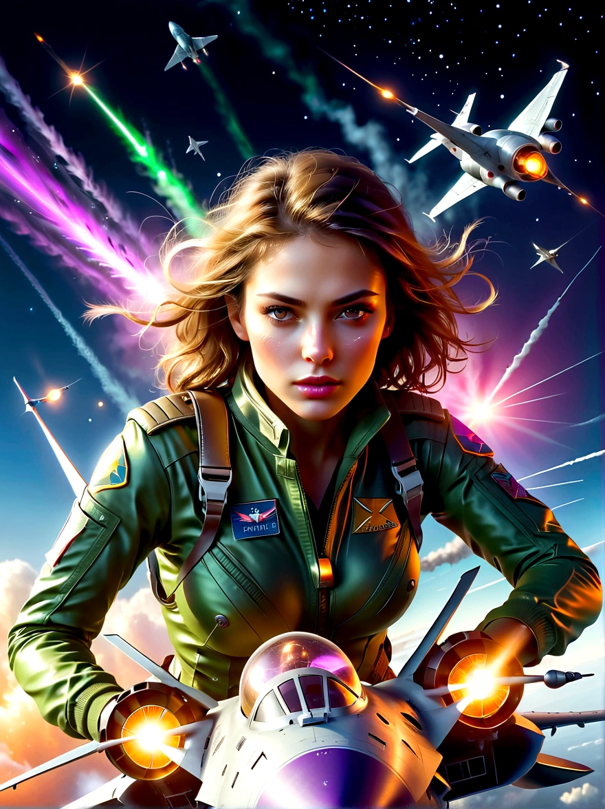 A dramatic, nocturnal scene in the high skies. A Caucasian female fighter pilot is at the controls of a high-speed jet, her eyes focused and determined despite the chaos behind her. A monstrous, futuristic alien ship, fiery beams lancing from its hull, is in hot pursuit of her aircraft. The alien ship is pulsating with sickly green and pallid purple lights that are echoed in the distant stars above, casting an eerie illumination over the scene. The pilot maneuvers deftly, evading the enemy's onslaught, leaving a trail of white contrails that cut through the inky night like a comet.