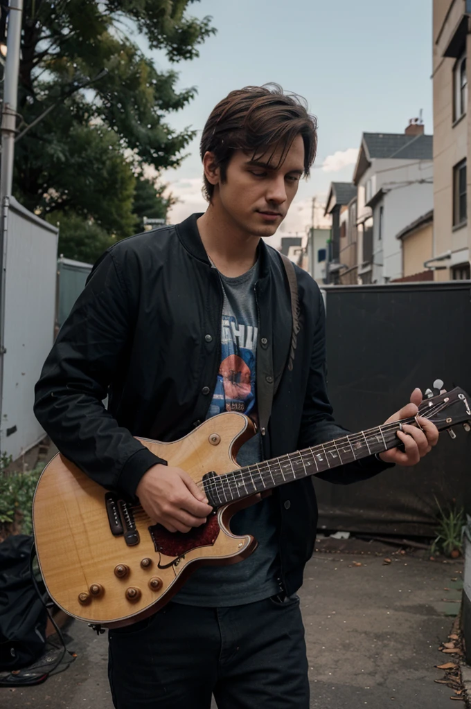 3D photo of a guy holding a guitar with a music studio in the background with 4k photo resolution