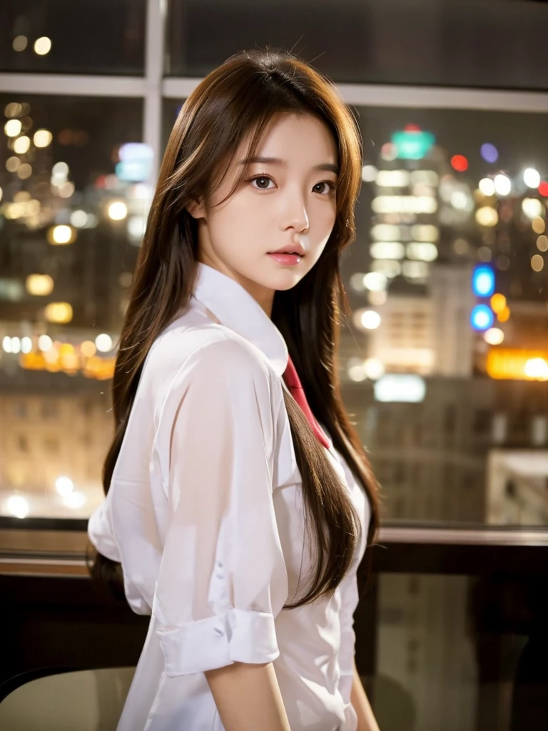 Han Julie is a young Korean woman in her 28s. Her hair is long and curv in a dark-blonde color.
Her face is oval and marked by her large brown eyes, which carry a cold, unexpressive face. Her skin is radiant and clear, presenting an impeccable state of health and her curved lips.
Her height is medium, her body athletic and defined, with the most charming and provocative. It contrasts and matches their personalities.
She stands in her office with her back to the glassware marked by the view of the city in night on her back, wearing a white shirt with loose tie while undoing