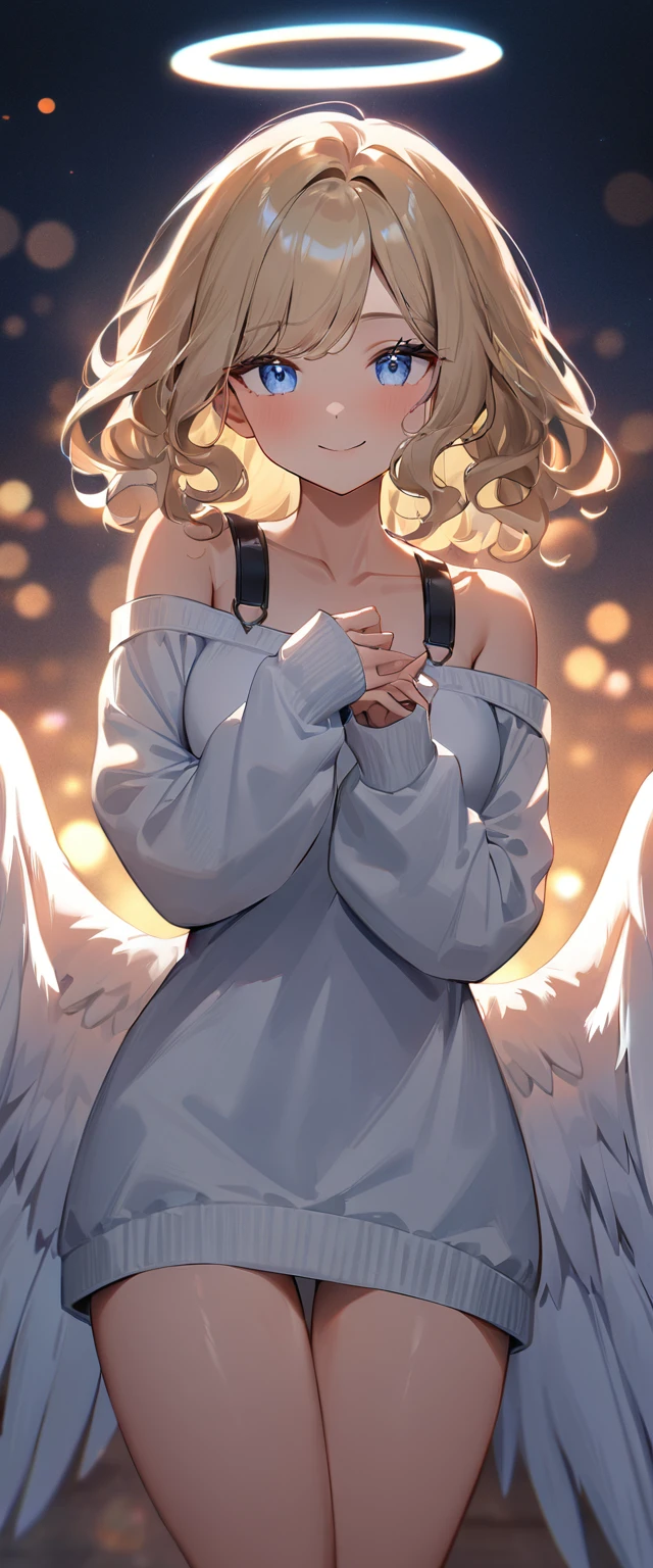 (((One girl))), (((cowboy shot))), ((flying)), ((angel, big big white wings:1.2, halo:1.3)), Uriel, ((wavy hair, outward curled hair)), evening, Sunset, ((blond hair, bob cut:1.3)), breasts, teenager, (looking at viewer), oversized clothes, puffy long sleeves, collarbone, ((off-shoulder sweater dress:1.3, Quite thick shoulder straps)), (((sleeves past wrists:1.3))), ((white sweater)), collarbone, head tilt:1.3, (((blue eye))), ((happy smile)), (((anime style))), (best quality, 4K, 8K, highres, masterpiece:1.2, ultra-detailed, ultra-detailed eyes, HDR, uhd, studio lighting, ultra-fine painting, sharp focus, physically-based rendering, extreme detail description, professional, vivid colors, bokeh), ((Highest quality, Best image quality, Ultra-high resolution, Ultra-high resolution, solo, Strong eye highlights)), Depth of written boundary, Natural soft light, attractive, Beautiful Face, Cleanliness, Pure Face, medium chest, Beautiful Face, Perfect Fingers, Perfect hands, Perfect body, Perfect Face, Shine a light into your eyes, Perfect Anatomy