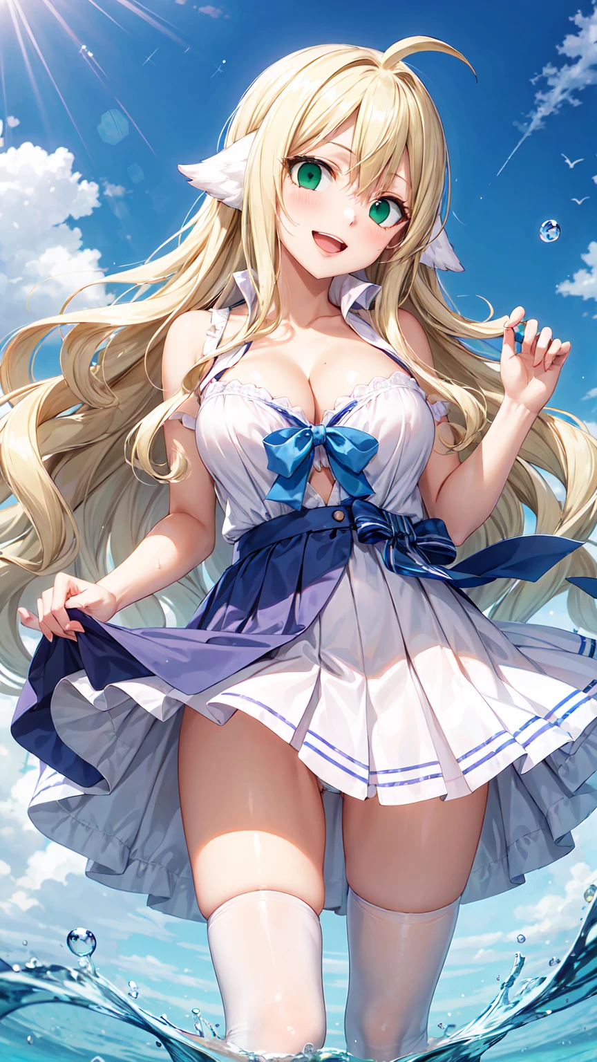 (Masterpiece、Highest quality、Very detailed、4K)、One Woman、17 years old、Big Breasts、Thighs、(Idol)、stand、(Angle from below)、No underwear
