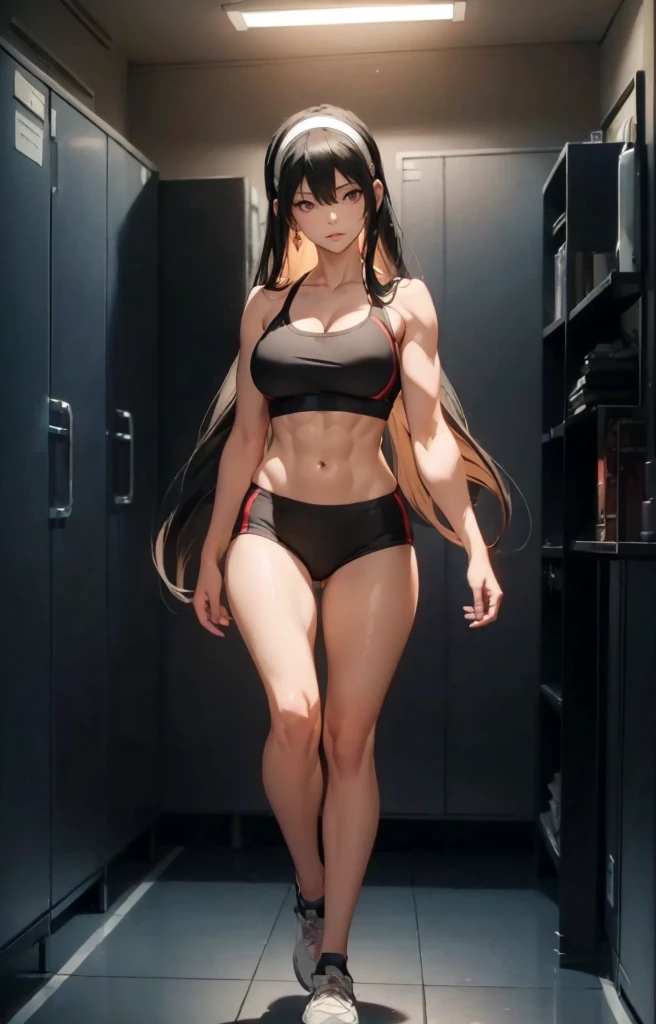 ((1girl, solo)), beautiful body, (perfect anatomy, perfect body, perfect hands, perfect legs), natural proportions, sexy body, large breasts, ((abs)), (((muscular female))), ((full body, full body front)) BREAK

((extremely detailed face)), (beautiful detailed eyes:1.6), (realistic pupils, realistic iris:1), expressive eyes, looking at viewer, (clear eyes:1.3), (hyperrealistic:1.2), (detailed skin texture:1.2), smooth skin, yor briar, (red eyes:1.5), (black hair:1.5), long hair, hairband, (white hairband:1.3), sidelocks, bangs, ((mature female)), ((little smile)), (detailed lips:1.2), (attractive lips:1.1), (glossy lips:1.1), (parted lips), perfect face, perfect eyes, earrings BREAK

((sports bra)), buruma, (ass visible through thighs), shoes, (black sportswear), black shorts, midriff BREAK

(masterpiece:1.5), anime-style, top quality, best quality, (beautiful and aesthetic:1.2), (ultra detail:1.5), Ultra-detailed depiction, Ultra-precise depiction, extremely detailed 8k illustration, high resolution, (highly detailed shading:1.2), (realistic lighting:1.4), perfect lighting, vibrant colors, dynamic tones, striking hues, 8k, absurd resolution, perfect shadows, hdr, UHD, ambient lighting, realistic, ultra-realistic, photo realistic, highly detailed, rich detail, luminous colors, fine texture, intricate design, professional illustration, (soft light:1.2), (illustration:0.7)