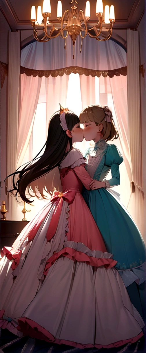 Highest quality, masterpiece, Highest Resolution, artwork, super Get used to it, many become close, become close, Get used to it, woman, ,The two girls are princesses,pink victorian dress,Long sleeve,Long dress,A dress with lots of ruffles and ribbons.,High quality dress,Taking off each other's dresses、Young body exposed、Seeking each other's bodies、luxury,Kiss for two,(Luxury Bedroom),High Quality Princess Canopy Bed,