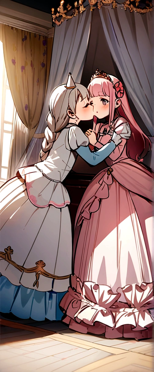 Highest quality, masterpiece, Highest Resolution, artwork, super Get used to it, many become close, become close, Get used to it, woman, 10 years old,The two girls are princesses,pink victorian dress,Long sleeve,Long dress,A dress with lots of ruffles and ribbons.,High quality dress,Taking off each other's dresses、Young body exposed、Seeking each other's bodies、luxury,Kiss for two,(Luxury Bedroom),High Quality Princess Canopy Bed,