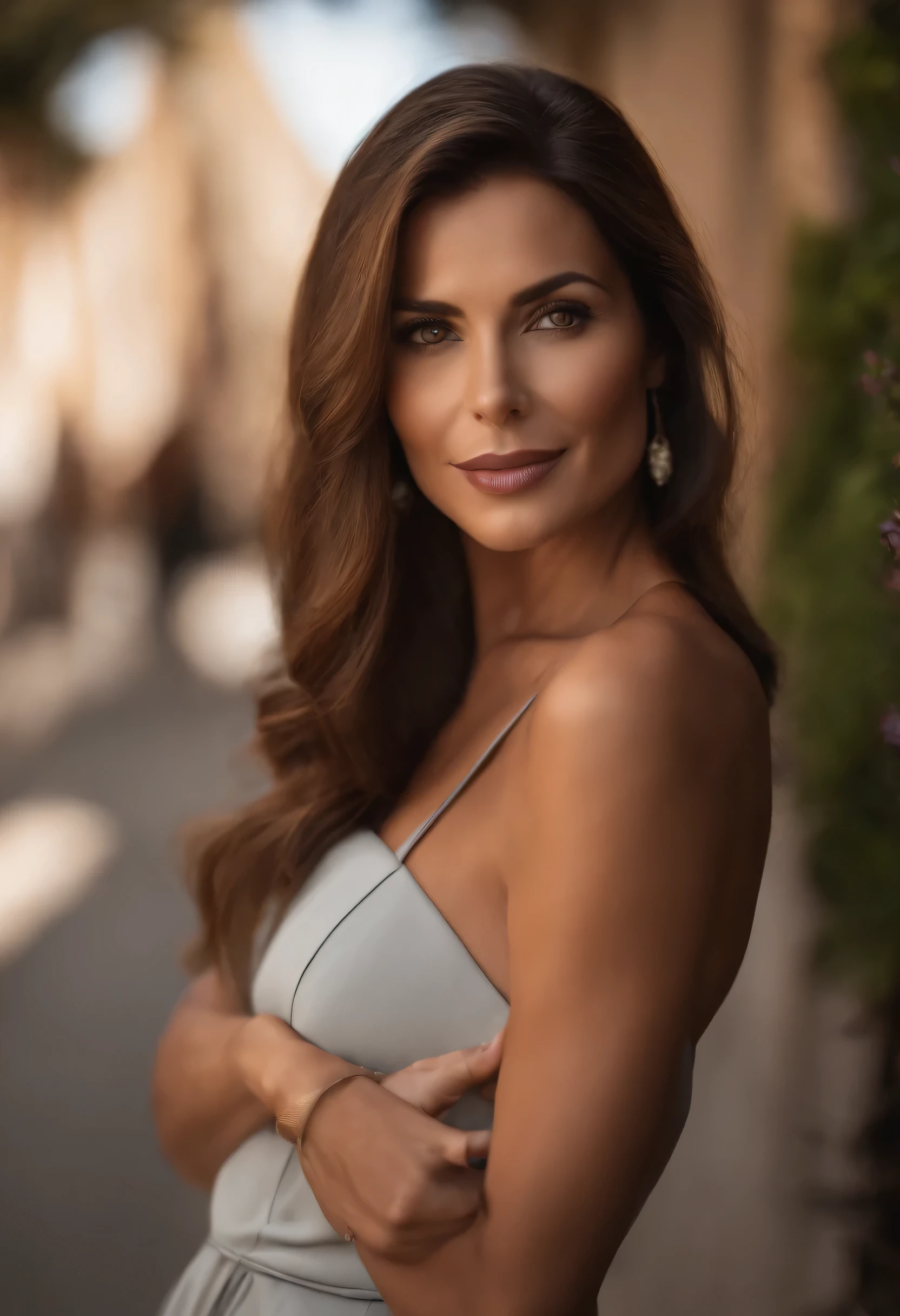 mulher simples de 40 anos, brown hair with a magnetic personality. Make her talk magnetically with a man who is extremely attracted and interested in her.