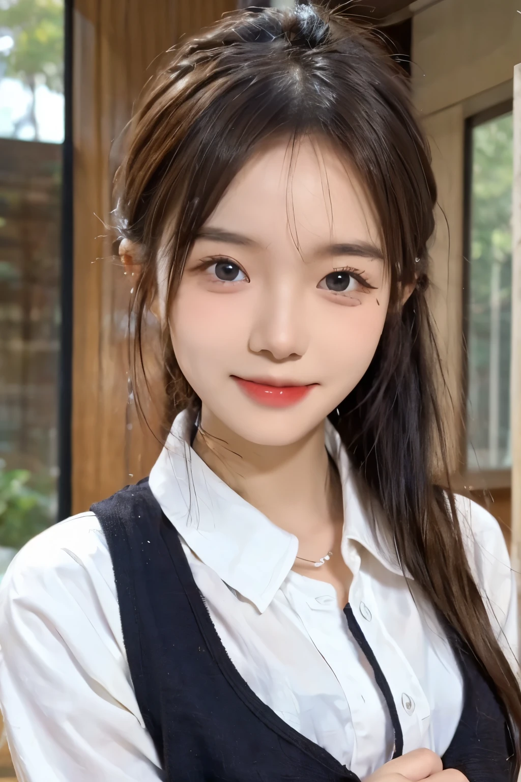 13 years、brown hair、beautiful eyes、Looks like real skin、high school girl、sailor suit、8K、masterpiece)、(realistic、realistic)、top quality、very detailed、very detailed、beauty、cute、Japanese、Idol、smile、close-up portrait、healthy face