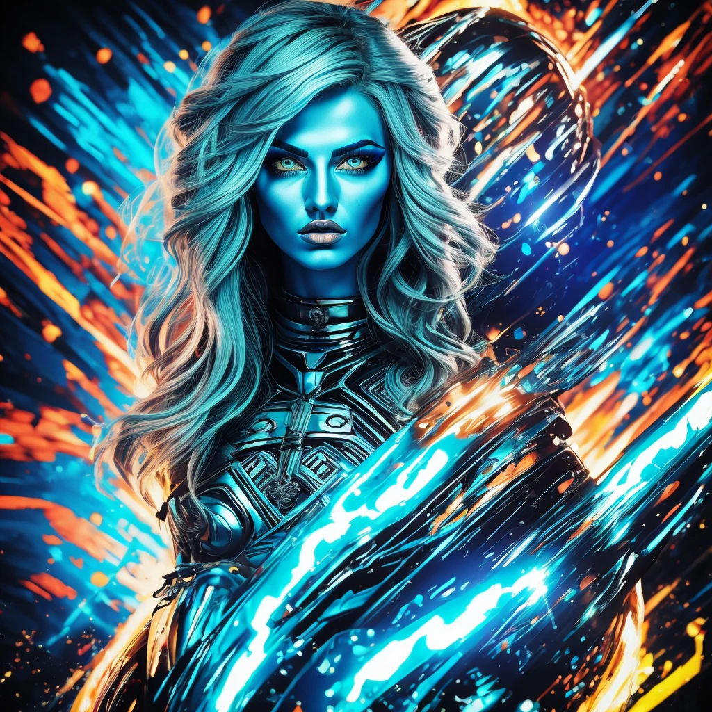 realistic CAUCASIC woman singer blue eyes, metallic skin, psichedelic colors, Giorgia Meloni, FASCIST WOMAN, glowing colors