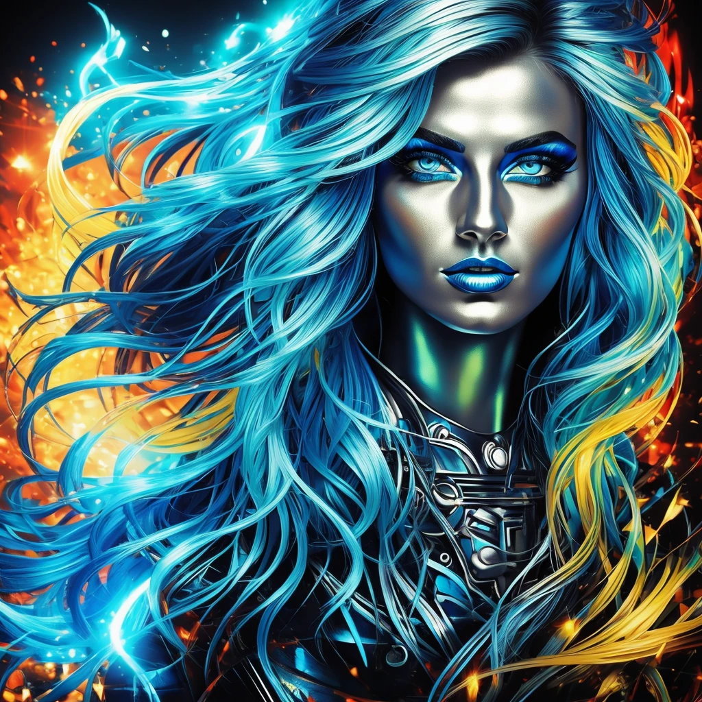 realistic CAUCASIC woman singer blue eyes, metallic skin, psichedelic colors, Giorgia Meloni, FASCIST WOMAN, glowing colors